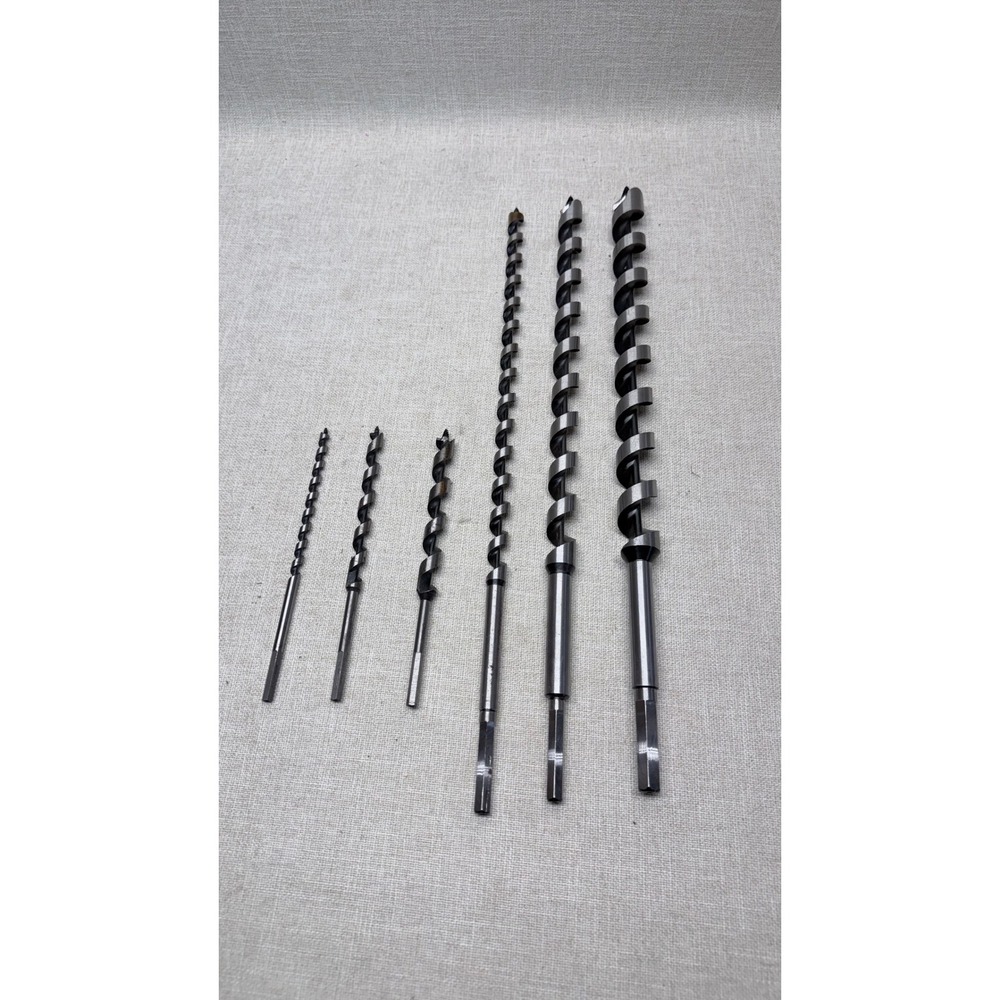6 Piece Vintage Auger Wood Drill Bit Set Hex Shank 1" 3/4" 1/2" 3/8" Mixed Sizes